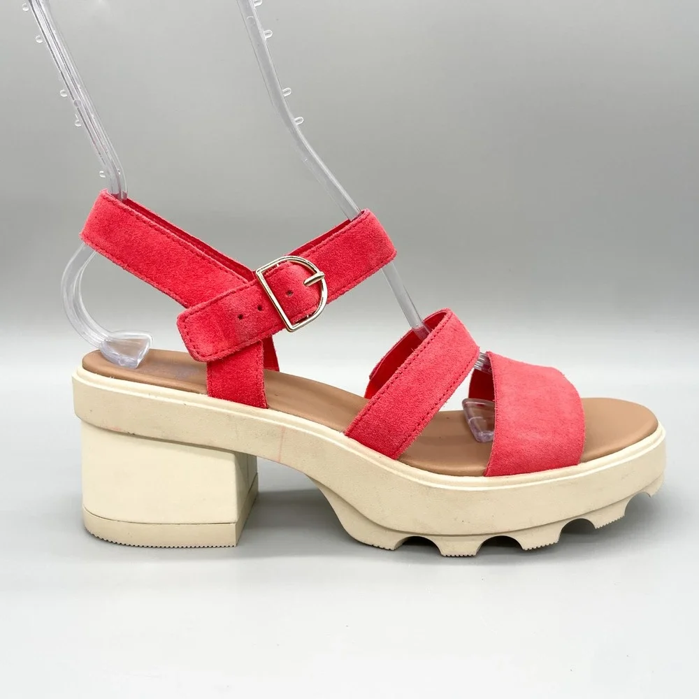 Sorel Joanie Heel Sandals Womens 9.5 Pink Red Suede Chunky Platform Strappy Shoe